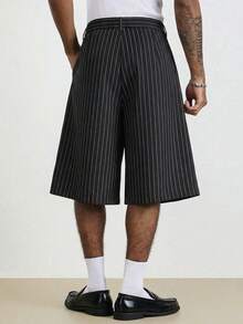 TOKVUE 高腰设计师男士阔腿褶皱宽松休闲短裤，复古阔腿裤，条纹七分短裤 - 黑色 - 查看 4