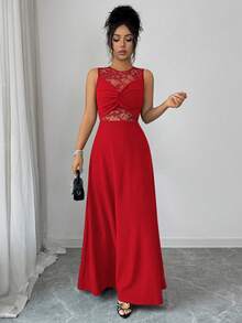 Elenzga 女士优雅浪漫性感派对蕾丝拼接圆领扭结腰部飘逸连衣裙 - 紅色 - 查看 8