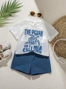SHEIN 2pcs/Set Baby Boy/Girl Funny Sea Turtle Animal Print Round Neck Knit Top T-Shirt And Shorts,Blue White Stripe,Summer,Casual,Beach,Holiday 2-Piece Set - Blue - View 7