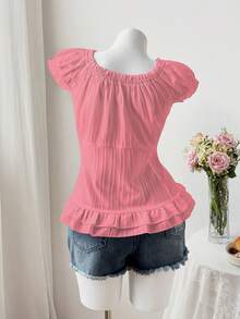 Sweetra Cute Casual Puff Sleeve Cinched Waist Button-Front Short Sleeve Summer Shirt - Pink - View 2