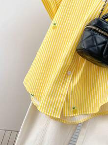 Áo sơ mi nữ tay ngắn kẻ sọc thêu hình quả chanh, cài cúc phía trước, kiểu dáng thường ngày, thích hợp cho mùa hè. - Màu vàng - Xem 5