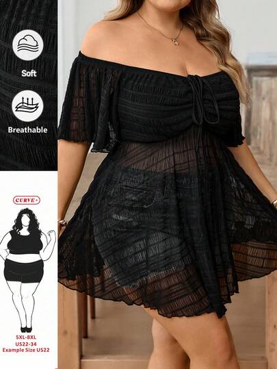 SHEIN CURVE+ Áo kiểu Bohemian cỡ lớn, chất liệu vải mỏng, hở vai, thích hợp cho lễ hội âm nhạc, chất liệu vải nhăn.
