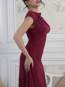 Criza Taa Váy dài đi làm thanh lịch tối giản không đối xứng mới dành cho phụ nữ, váy dự tiệc cưới cho phụ nữ - Màu Đỏ Sâu - Xem 5