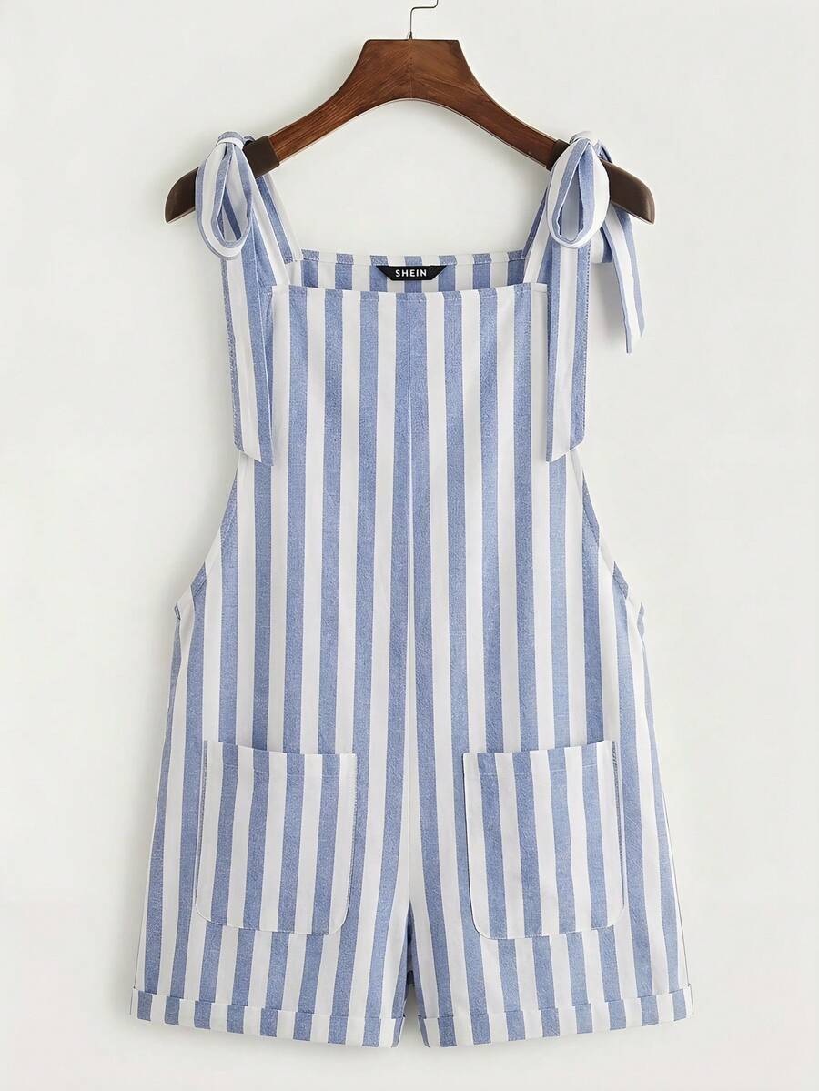 SHEIN EZwear 休闲复古优雅通勤百搭暖蓝白条纹印花图案，沙滩/度假装，女士夏季服装。打结肩带口袋拼接连体裤 - 彩色 - 查看 1