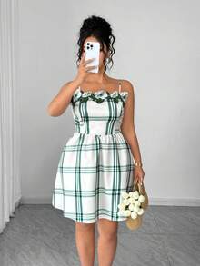 SHEIN Clasi Plus Size Women Minimalist Cute Fashion Woven Camisole Dress With Digital Floral Print And Trim Decoration, Short Style Holiday Party All White Summer - Green - View 8