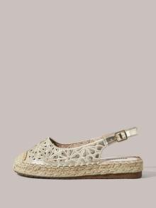 Styleloop Sandal nữ đế bằng, mũi tròn, thêu hoa điện tử, dây gai rỗng, thích hợp đi biển, nghỉ mát. - Vàng - Xem 3