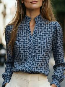 SHEIN Vintage Floral V-Neck Flare Sleeve Long Sleeve Shirt, Elegant Printed Blouse, Versatile, Casual, Daily Wear, Puff Sleeve Top - Blue - View 1