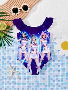 Cartoon K-Pop Girl Group Print Cute Casual Sweet Ruffled One-Piece Swimsuit For Young Girls - Multicolor - View 2