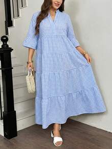 SHEIN LUNE Plus Size Notched Neck 3/4 Sleeve Ruffle Hem Plaid Summer Dress - Multicolor - View 6