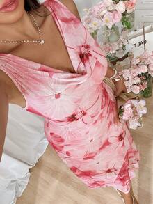 GalTyme 大码优雅印花垂褶领无袖连衣裙，夏季 - 粉色 - 查看 5