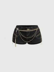 ROMWE Plus Size Women's Y2K Baddie Metal Chain Cross Pendant Super Low-Rise Denim Shorts - Black - View 1