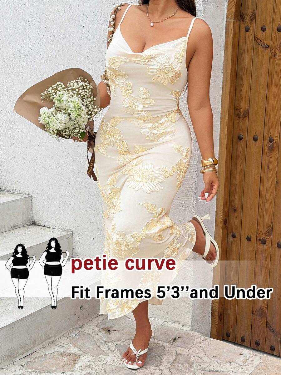 SHEIN PETITE CURVE Plus Size Women's Brown, Summer, Bridal Elegant, Wedding Low Cut Mermaid Dress, Luxurious Embroidery, Parties, Vacations, Dates - Apricot - View 1