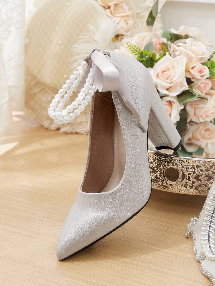 CUCCOO HITCHD Women's Pointed Toe Low Vamp High Heels, Comfortable Thick Heel, Elegant French Style Silver Pearl Ankle Strap Pumps