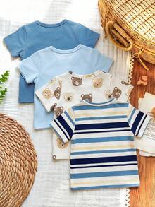 买三送一，4件套男婴舒适百搭可爱条纹短袖T恤，休闲日常穿着，适合室内、室外、运动、聚会、拍照、度假、节日等场合，春夏皆宜。 - 彩色 - 查看 4
