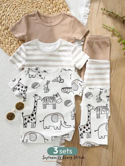 Cozy Pixies Bộ đồ ngủ 6 món cho bé trai, in hình động vật hoạt hình, chất liệu mềm mại, ôm sát, gồm áo cổ tròn tay ngắn và quần đùi cạp chun.