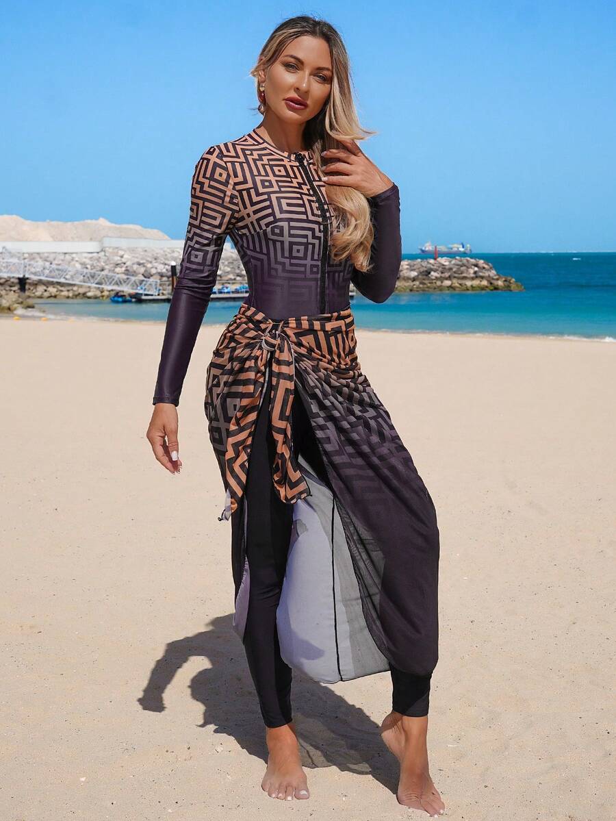 Swim Mulvari 女士简约几何渐变印花比基尼套装，包括长袖拉链连体泳衣、长款罩衫和黑色长裤，适合夏季海滩穿着 - 彩色 - 查看 1