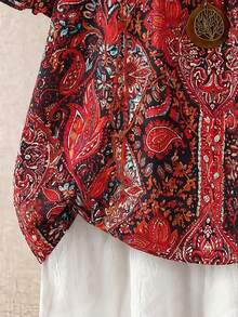 SHEIN LUNE CURVE Áo kiểu nữ cỡ lớn, màu trơn, cổ tròn, tay hai lớp, ngắn, kiểu dáng thường ngày, xếp ly, thời trang, đa năng, thích hợp cho kỳ nghỉ hè. - Đỏ - Xem 6