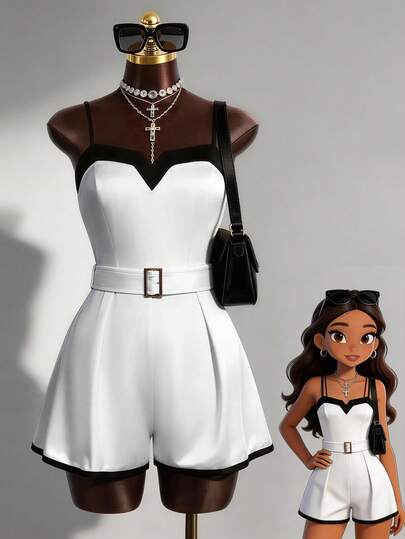 Endroma Mono con cuello en V, hebilla cuadrada dorada en la cintura, volantes en el bajo, elegante y lindo para ir al trabajo, uso diario, vestido de cumpleaños