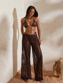 Opulessa 女士蕾丝拼接休闲沙滩罩裤 - 棕色 - 查看 7