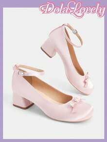 Dola Lovely 女士粉色缎面圆头蝴蝶结踝带低帮低跟鞋，温柔甜美百搭玛丽珍女鞋 - 粉色色丁 - 查看 4