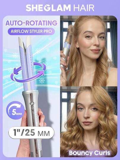 SHEGLAM HAIR 一鍵式氣流造型器 Pro-25mm 銀紫色，冷風自動旋轉捲髮棒，5分鐘快速造型，360°冷風​​一鍵操作，持久定型，5檔溫度可調，防燙傷，自動斷電，雙電壓設計，適用於中長髮、長髮及所有髮質 - 美髮插頭 生日 禮物 假期 粉紅色的 氛圍 化妝品 旅行 學校 節慶 玫瑰 展示 女孩 魅力 護髮 母親節 想要 時尚 銳舞派對
