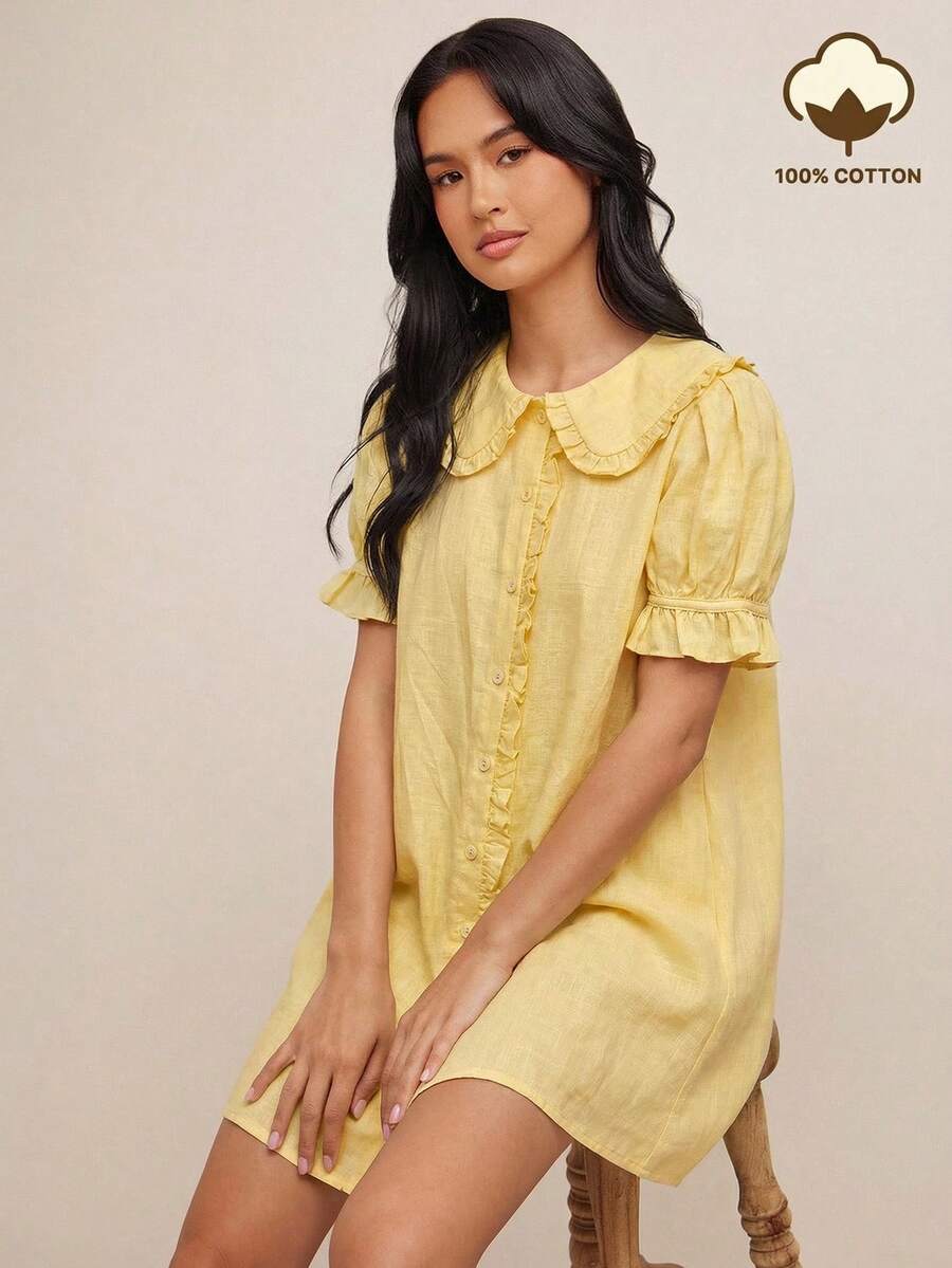 WESTFADE 100% Cotton Gauze Ruffle Collar Short Puff Sleeve Button Up Mini A Line Boho Cowgirl Dress Spring, Summer, Casual, Cute, Boho, Nashville, Vacation, Beach, Rodeo, Country Concert Outfit, Western Wear - Light Yellow - View 1
