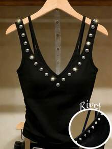 GlowEve Women's Summer Street Rivet Detail V-Neck Camisole - Black - View 1
