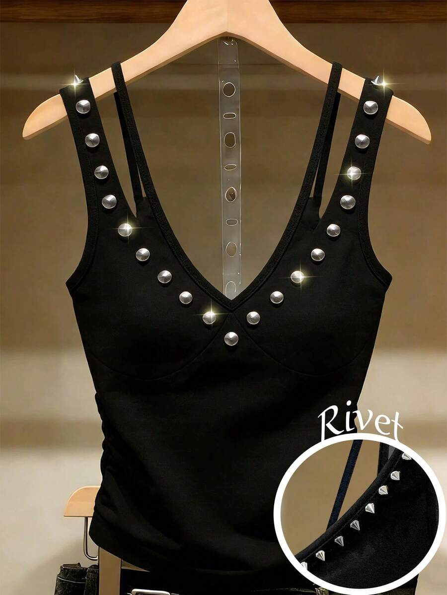 GlowEve Women's Summer Street Rivet Detail V-Neck Camisole - Black - View 1