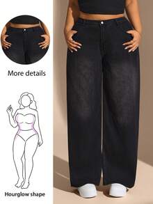 Hourglow Tildaharris Plus Size Solid Color Pocket Flared Casual Fashionable Jeans, For Hourglass Body Shape - Black - View 1