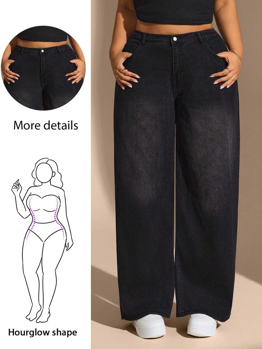 Hourglow Tildaharris Plus Size Solid Color Pocket Flared Casual Fashionable Jeans, For Hourglass Body Shape - Black - View 1