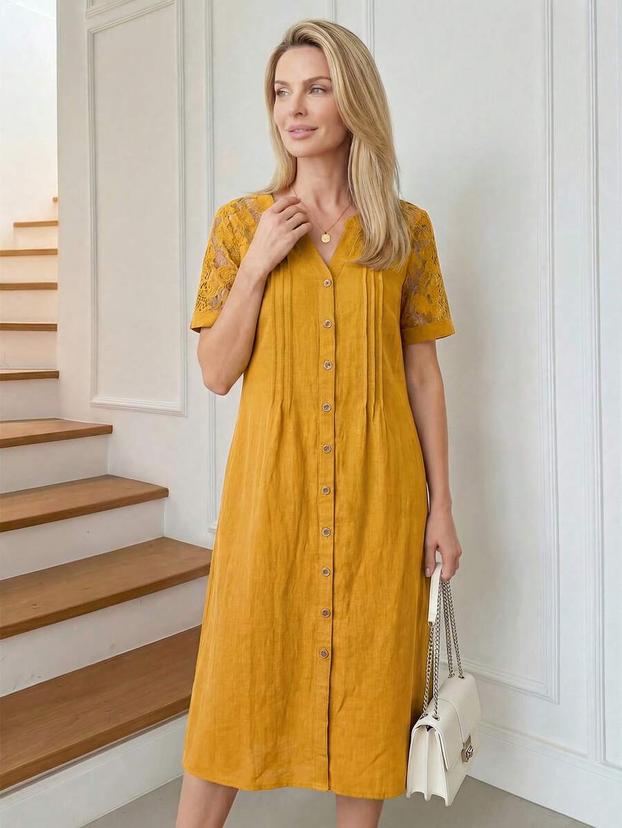 Miaspire Trang phục nữ mặc hàng ngày, váy dự tiệc, váy thường ngày cổ chữ V phối ren mùa xuân và hè, váy dài ngang gối thoải mái và thoáng khí bằng vải cotton, trang phục đồng quê cho nữ, váy quyến rũ. Trang phục nữ mặc hàng ngày, váy dự tiệc, váy thường ngày cổ chữ V phối ren mùa xuân và hè, váy dài ngang gối thoải mái và thoáng khí bằng vải cotton, quần áo vintage cho nữ, váy cài cúc kiểu cổ điển cho nữ, váy ren, váy cotton, ren lãng mạn. - Màu vàng - Xem 1