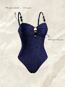 SHEIN Swim Lushore 1pc Women Elegant Plain Color One-Piece Swimsuit For Summer Beach Vacation - Navy Blue - View 6