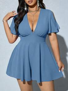 Viva Relle Plus Size Elegant Solid Color V-Neck Ruffle Trim Jumpsuit, Summer - Blue - View 1