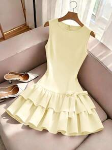 Qadelle Đầm không tay kiểu Pháp thanh lịch, đầm ngắn không tay màu đỏ đính nơ, thích hợp cho đi chơi hàng ngày, hẹn hò, du lịch. - Màu be - Xem 4
