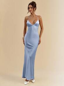 SHEIN BAE 杏色和白色深V领细肩带超长露背系带缎面美人鱼礼服，优雅礼服，度假礼服，伴娘礼服，生日派对礼服，毕业礼服，白色礼服 - 霧霾藍 - 查看 4