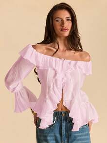 SHEIN BAE Áo kiểu trễ vai màu trắng, viền bèo nhún, tay áo buộc dây bất đối xứng, kiểu dáng lãng mạn mùa xuân, thích hợp cho kỳ nghỉ, ngày Valentine, mặc hàng ngày, phong cách công chúa. - Màu Hồng baby - Xem 6