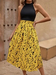 EMERY ROSE Đầm maxi xẻ tà phối họa tiết in cho nữ. - Màu vàng - Xem 2