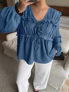 Dripcurv 大码女式黑色V领休闲灯笼袖上衣，宽松日常度假风格，适合新年和情人节穿着。 - 霧霾藍 - 查看 5