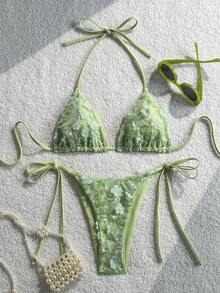 Costavie 2-Piece Floral Sequin Textured Halter Bikini Set, Blue, For Spring/Summer Beach Vacation - Mint Green - View 7