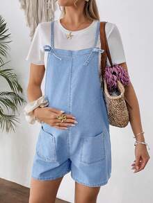 SHEIN Quần yếm denim màu xanh dương dành cho bà bầu - Rửa nhẹ - Xem 3