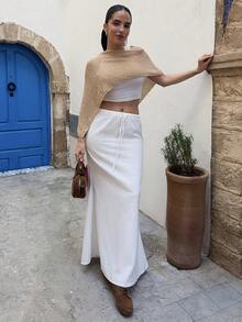 Marta Soriano Áo choàng Poncho đan gợi cảm đa năng, thiết kế vai bất đối xứng cổ chữ V, áo cánh thường ngày cho kỳ nghỉ hè - Vàng - Xem 1