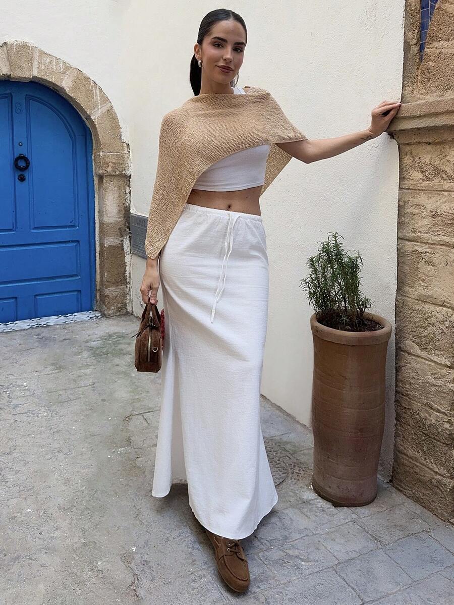 Marta Soriano Áo choàng Poncho đan gợi cảm đa năng, thiết kế vai bất đối xứng cổ chữ V, áo cánh thường ngày cho kỳ nghỉ hè - Vàng - Xem 1