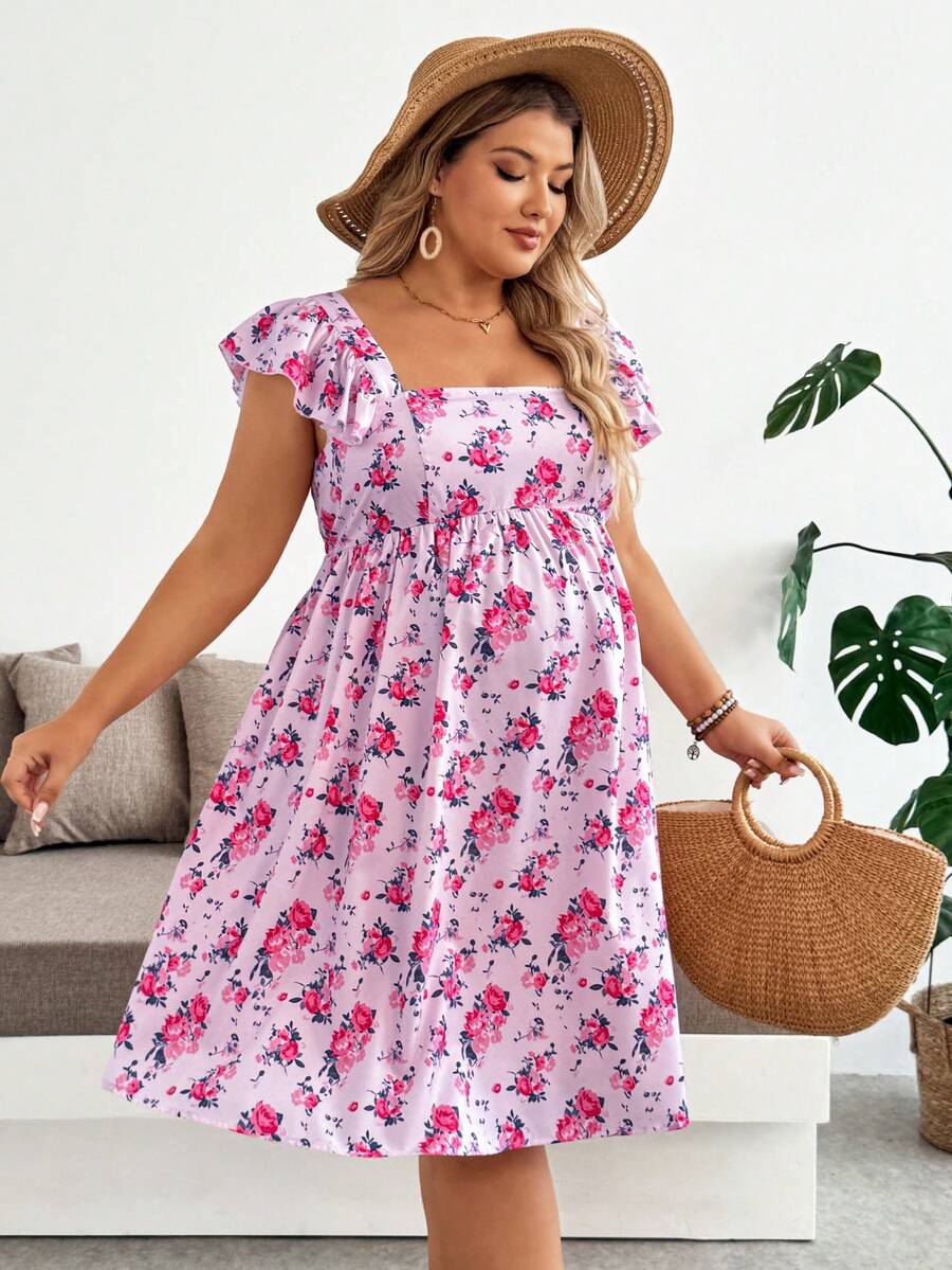 Plussiva Maternity Plus Size Floral Print Tie Back Flutter Sleeve Dress