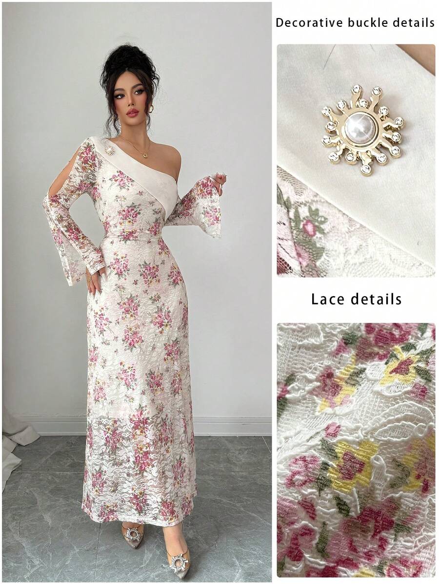 Modelyn Đầm ren in họa tiết thanh lịch mùa xuân hè, cổ bất đối xứng, tay xòe, eo nhún. - Nhiều màu - Xem 1