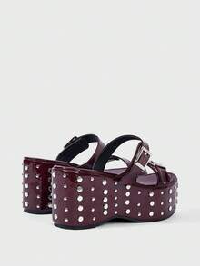 Sugerpunk Ladies, Spike Buckles, Lame-Heeled Platform Sandals. - Burgundy - View 5