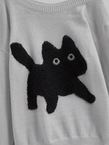 ROMWE Kawaii Suéter asimétrico de talla grande para mujer con bordado de gato lindo, estilo casual, para otoño/invierno - Gris Claro - Ver 3