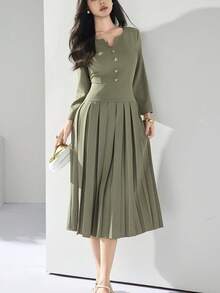 Heiryn Vestido plisado con decoración de estrella de mar elegante para uso diario, otoño - Verde - Ver 6