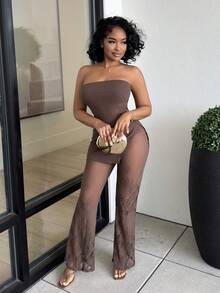 Alexandranx Bộ đồ ren đen 2 mảnh gợi cảm và thanh lịch dành cho nữ, gồm áo bandeau gân dày và quần ống loe ren, vải co giãn cao ôm sát cơ thể, thích hợp cho các buổi hẹn hò, tụ tập, tiệc tùng, câu lạc bộ, cuộc sống về đêm - màu nâu - Xem 4