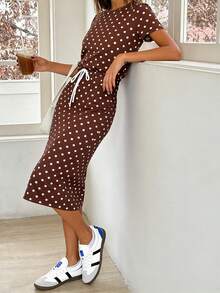 Pariaura Striped Tie-Up Midi Casual Dress For Women Pulka Dot Dress Brown Spot Dress Retro Dresses For Woman New Arrival Dress For Women Casual Retro Outfit For Women - Brown - View 3