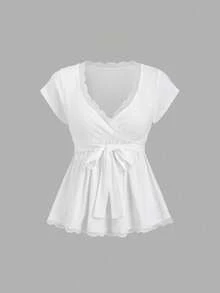 Sweetra Petite Áo thun nữ cổ chữ V buộc dây màu trắng kiểu Pháp lãng mạn phối ren, thích hợp mặc mùa xuân/hè. - trắng - Xem 1